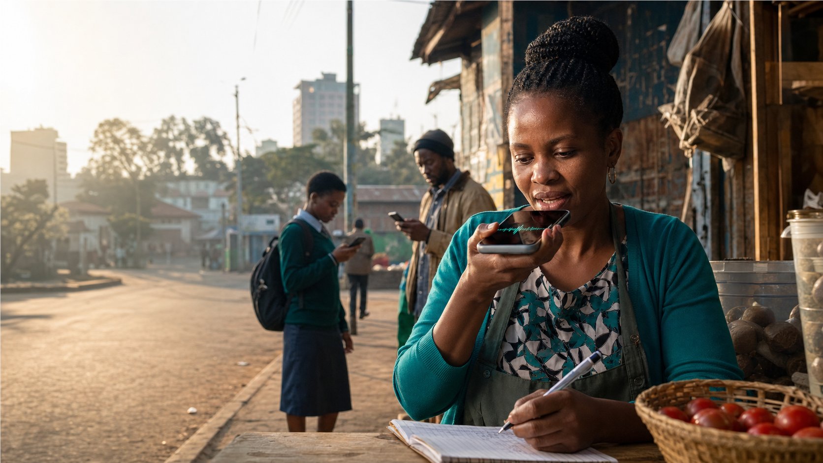 Kenyan merchant using voice AI at her market stall